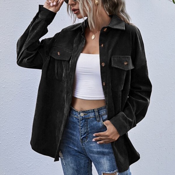 Green Boyfriend fit oversized shacket jacket corduroy Minimalist - Picture 2 of 16